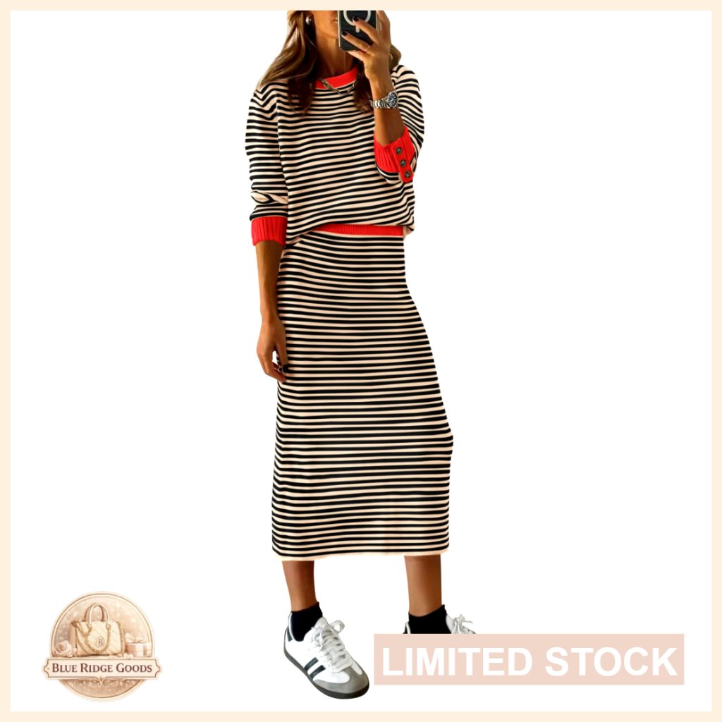 Striped Knit Sweater Dress Set With Pencil Skirt, Back Slit, Long Sleeve
